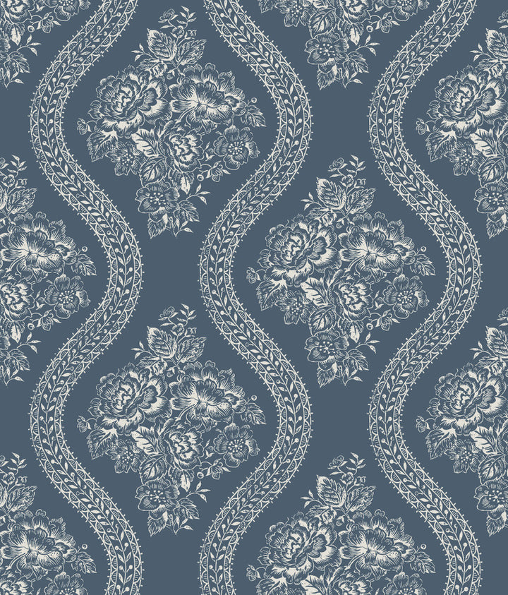 Magnolia Home Coverlet Floral Navy Peel & Stick Wallpaper by Magnolia Home York Premium Peel + Stick Covers about 34.2 square feet 20.5-in by 20-ft long roll Peel & Stick 12 - Fabric Carolina -