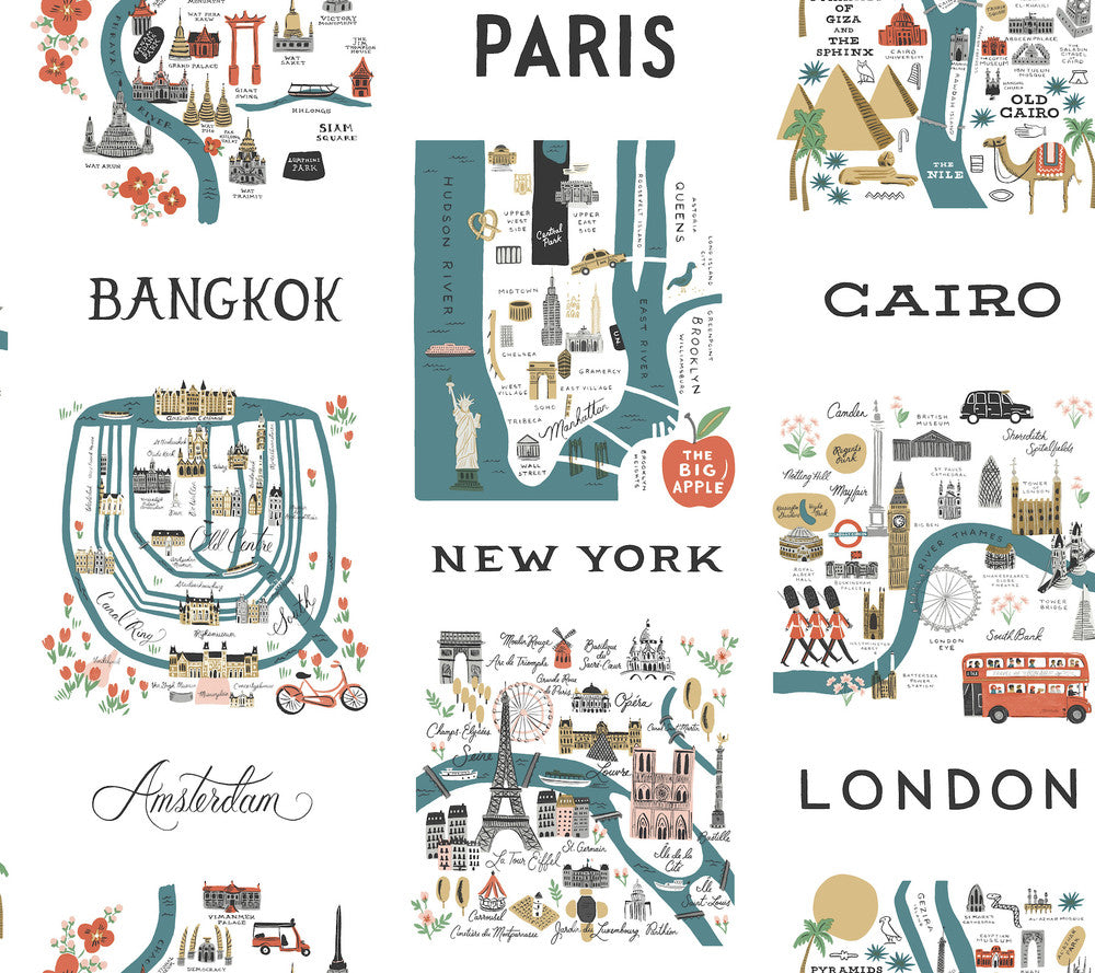 City Maps Blue & Red Peel & Stick Wallpaper by Rifle Paper Co. Rifle Paper Co. Premium Peel & Stick Covers about 45 square feet 27-in by 20-ft long roll Peel & Stick 24 - Fabric Carolina -