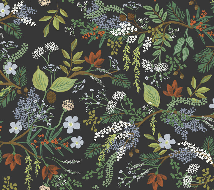 Juniper Forest Black Peel & Stick Wallpaper by Rifle Paper Co. Rifle Paper Co. Premium Peel & Stick Covers about 45 square feet 27-in by 20-ft long roll Peel & Stick 24 - Fabric Carolina -