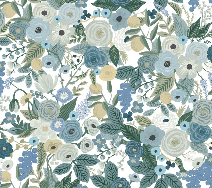 Garden Party Blue Peel & Stick Wallpaper by Rifle Paper Co. Rifle Paper Co. Premium Peel & Stick Covers about 45 square feet 27-in by 20-ft long roll Peel & Stick 24 - Fabric Carolina -