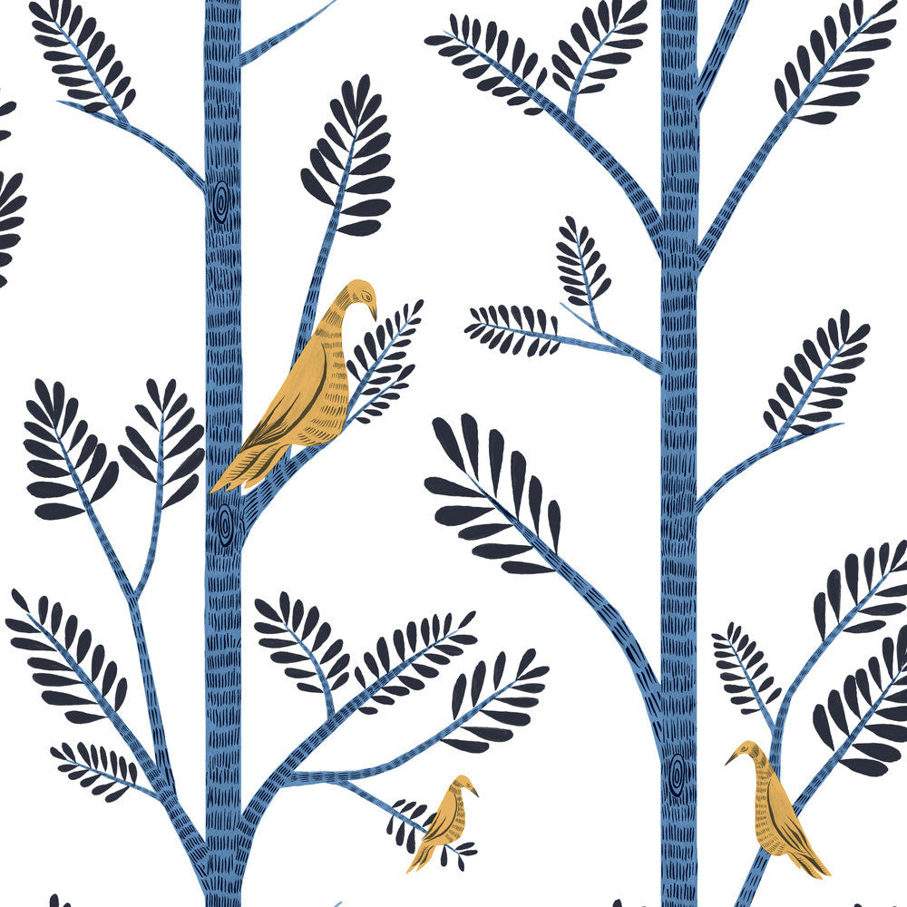Aviary Branch Blue & Yellow Peel & Stick Wallpaper by York Wallcoverings York Premium Peel + Stick Risky Business Vol. III Covers about 34.2 square feet 20.5-in by 20-ft long roll Peel & Stick 20.5 - Fabric Carolina -