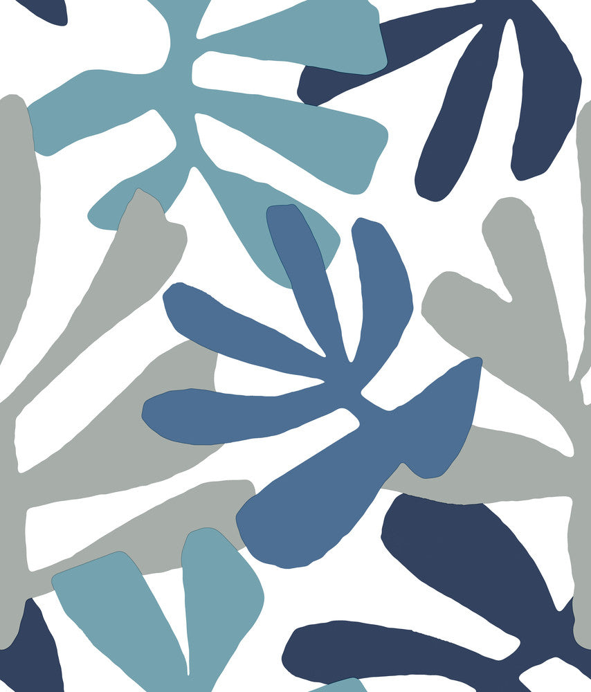 Kinetic Tropical Blue & Grey Peel & Stick Wallpaper by York Wallcoverings York Premium Peel + Stick Risky Business Vol. III Covers about 34.2 square feet 20.5-in by 20-ft long roll Peel & Stick 20.5 - Fabric Carolina -