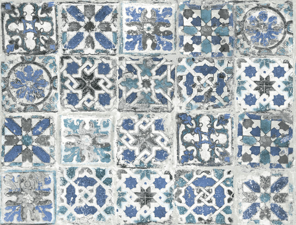 Encaustic Tile Blue Peel & Stick Wallpaper by York Wallcoverings Grasscloth, Wood & Stone Covers about 45 square feet 27-in by 20-ft long roll Peel & Stick 20.5 - Fabric Carolina -