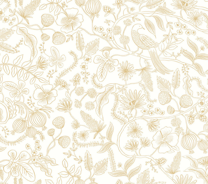 Aviary Off White & Gold Peel & Stick Wallpaper by Rifle Paper Co. Rifle Paper Co. Premium Peel & Stick Covers about 45 square feet 27-in by 20-ft long roll Peel & Stick 24 - Fabric Carolina -