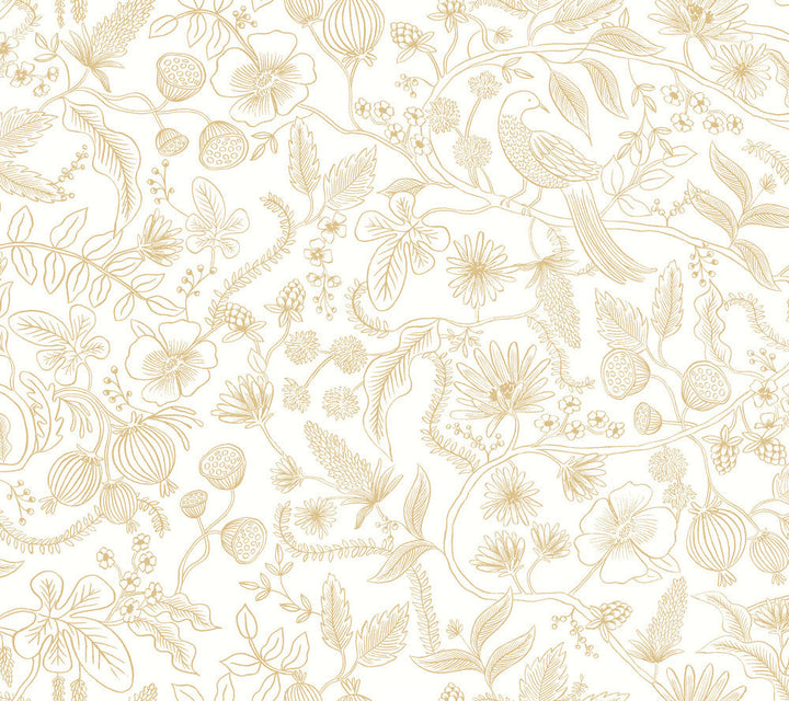 Aviary Off White & Gold Peel & Stick Wallpaper by Rifle Paper Co. Designer Rifle Paper Co. Premium Peel & Stick Covers about 45 square feet 27-in by 20-ft long roll Peel & Stick 24 - Swanky Fabrics -