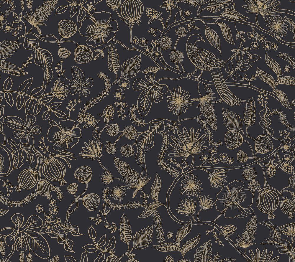 Aviary Black & Gold Peel & Stick Wallpaper by Rifle Paper Co. Rifle Paper Co. Premium Peel & Stick Covers about 45 square feet 27-in by 20-ft long roll Peel & Stick 24 - Fabric Carolina -