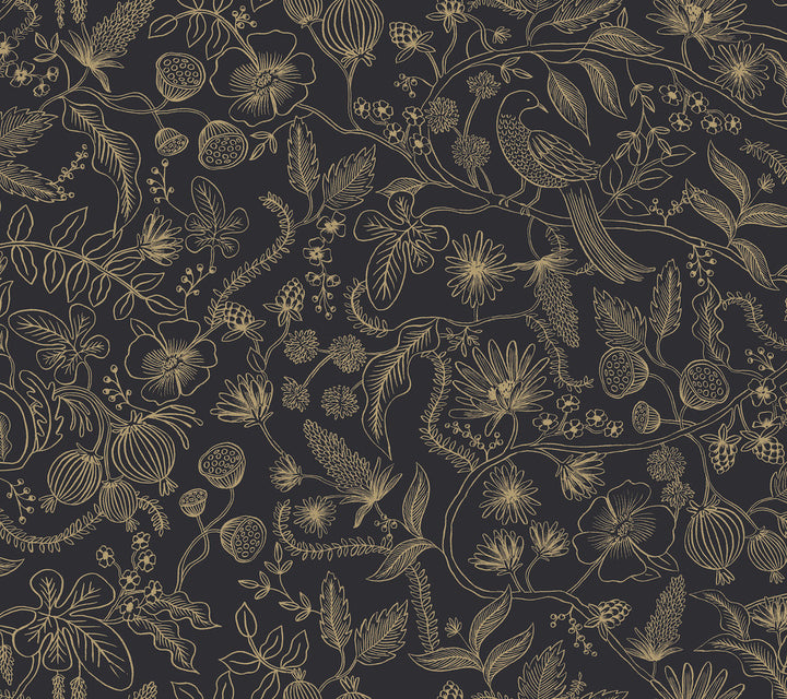 Aviary Black & Gold Peel & Stick Wallpaper by Rifle Paper Co. Rifle Paper Co. Premium Peel & Stick Covers about 45 square feet 27-in by 20-ft long roll Peel & Stick 24 - Fabric Carolina -