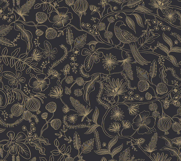 Aviary Black & Gold Peel & Stick Wallpaper by Rifle Paper Co. Designer Rifle Paper Co. Premium Peel & Stick Covers about 45 square feet 27-in by 20-ft long roll Peel & Stick 24 - Swanky Fabrics -