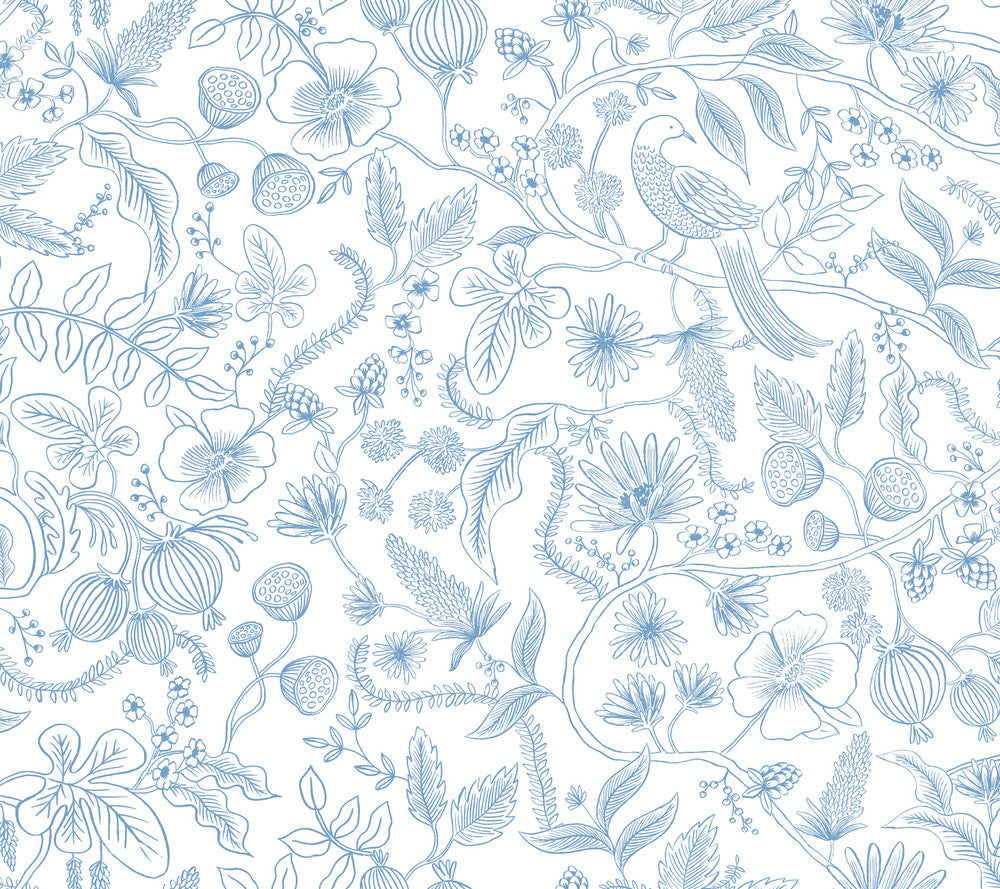 Aviary Blue & Cream Peel & Stick Wallpaper by Rifle Paper Co. Rifle Paper Co. Premium Peel & Stick Covers about 45 square feet 27-in by 20-ft long roll Peel & Stick 24 - Fabric Carolina -