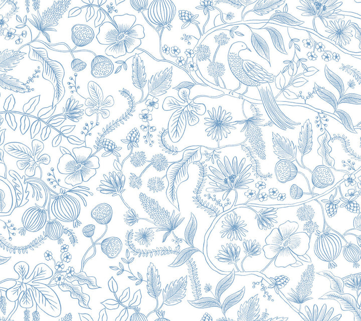 Aviary Blue & Cream Peel & Stick Wallpaper by Rifle Paper Co. Rifle Paper Co. Premium Peel & Stick Covers about 45 square feet 27-in by 20-ft long roll Peel & Stick 24 - Fabric Carolina -