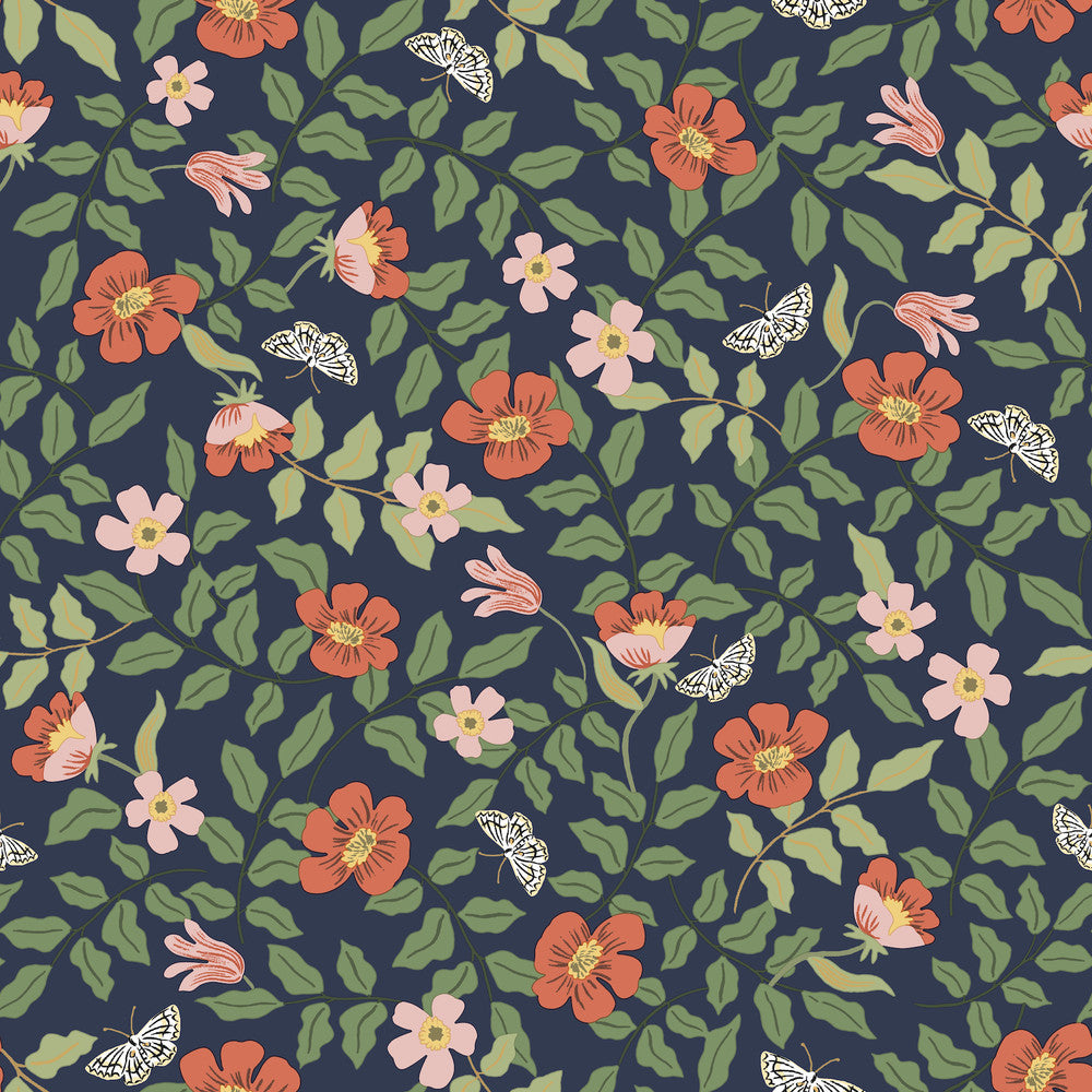 Primrose Rose & Navy Peel & Stick Wallpaper by Rifle Paper Co. Rifle Paper Co. Premium Peel & Stick Covers about 34.2 square feet 20.5-in by 20-ft long roll Peel & Stick 20.5 - Fabric Carolina -