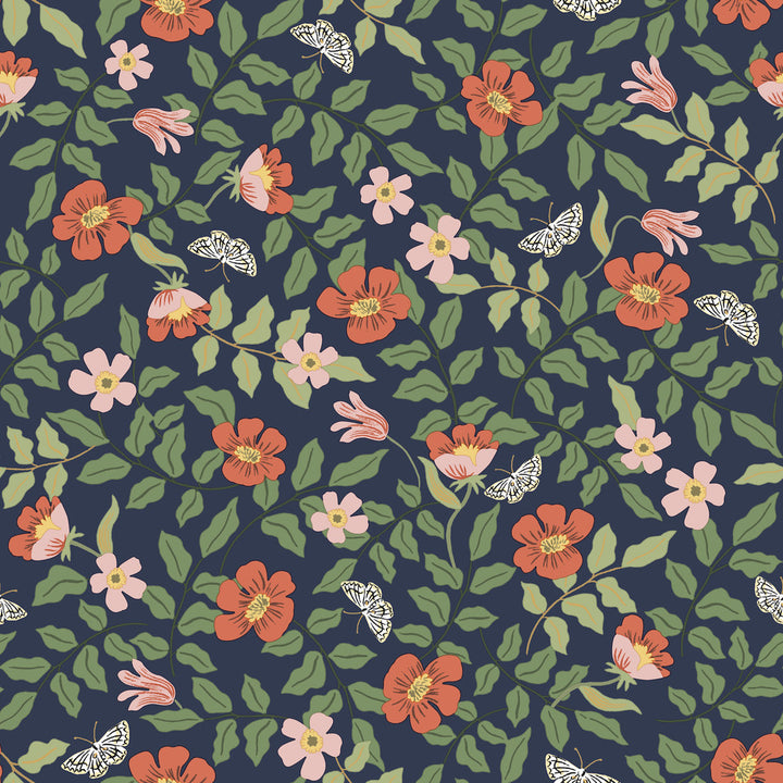 Primrose Rose & Navy Peel & Stick Wallpaper by Rifle Paper Co. Rifle Paper Co. Premium Peel & Stick Covers about 34.2 square feet 20.5-in by 20-ft long roll Peel & Stick 20.5 - Fabric Carolina -