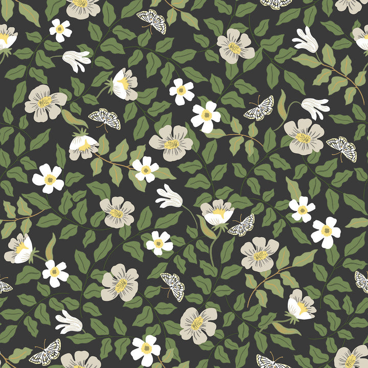 Primrose Off White & Black Peel & Stick Wallpaper by Rifle Paper Co. Designer Rifle Paper Co. Premium Peel & Stick Covers about 34.2 square feet 20.5-in by 20-ft long roll Peel & Stick 20.5 - Swanky Fabrics -