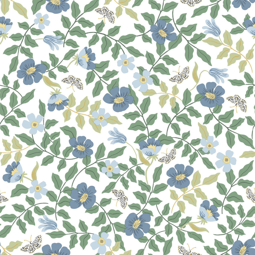 Primrose Blue & White Peel & Stick Wallpaper by Rifle Paper Co. Rifle Paper Co. Premium Peel & Stick Covers about 34.2 square feet 20.5-in by 20-ft long roll Peel & Stick 20.5 - Fabric Carolina -