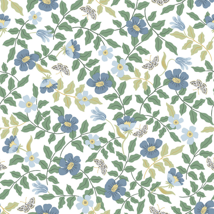 Primrose Blue & White Peel & Stick Wallpaper by Rifle Paper Co. Rifle Paper Co. Premium Peel & Stick Covers about 34.2 square feet 20.5-in by 20-ft long roll Peel & Stick 20.5 - Fabric Carolina -