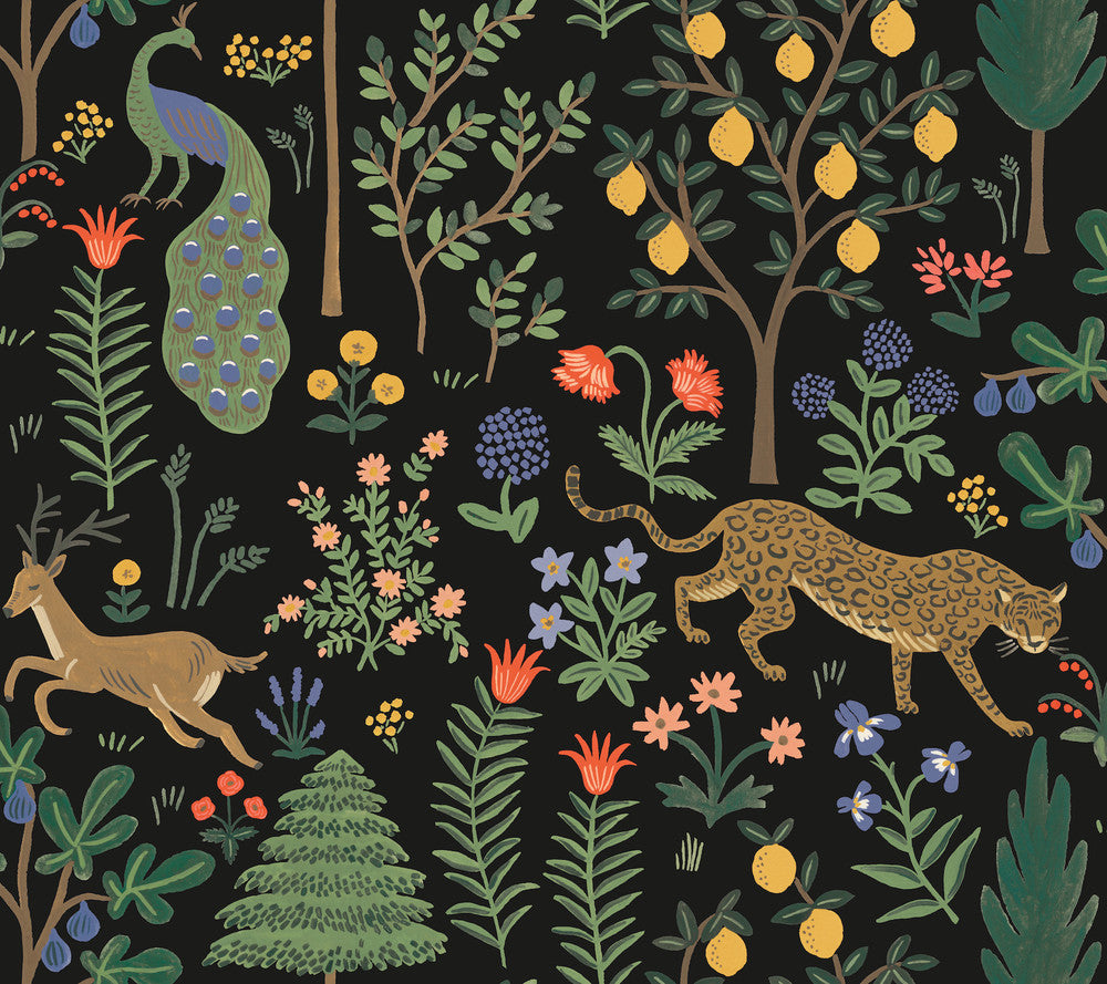 Menagerie Black Peel & Stick Wallpaper by Rifle Paper Co. Rifle Paper Co. Premium Peel & Stick Covers about 45 square feet 27-in by 20-ft long roll Peel & Stick 24 - Fabric Carolina -