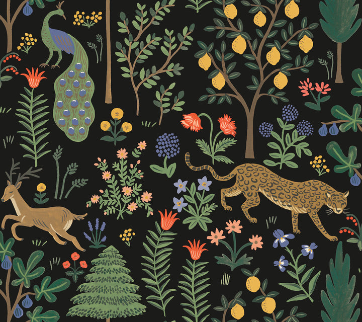 Menagerie Black Peel & Stick Wallpaper by Rifle Paper Co. Rifle Paper Co. Premium Peel & Stick Covers about 45 square feet 27-in by 20-ft long roll Peel & Stick 24 - Fabric Carolina -