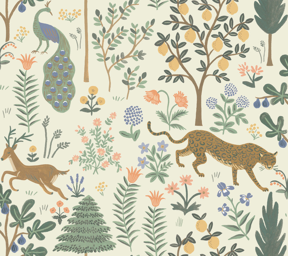 Menagerie Cream Peel & Stick Wallpaper by Rifle Paper Co. Rifle Paper Co. Premium Peel & Stick Covers about 45 square feet 27-in by 20-ft long roll Peel & Stick 24 - Fabric Carolina -