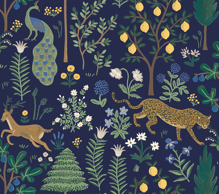 Menagerie Blue Peel & Stick Wallpaper by Rifle Paper Co. Designer Rifle Paper Co. Premium Peel & Stick Covers about 45 square feet 27-in by 20-ft long roll Peel & Stick 24 - Swanky Fabrics -