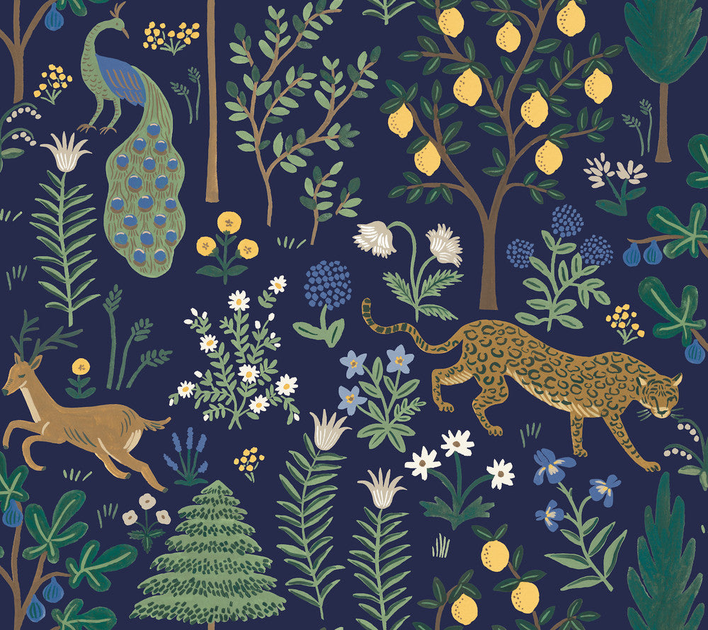 Menagerie Blue Peel & Stick Wallpaper by Rifle Paper Co. Rifle Paper Co. Premium Peel & Stick Covers about 45 square feet 27-in by 20-ft long roll Peel & Stick 24 - Fabric Carolina -