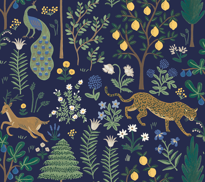 Menagerie Blue Peel & Stick Wallpaper by Rifle Paper Co. Rifle Paper Co. Premium Peel & Stick Covers about 45 square feet 27-in by 20-ft long roll Peel & Stick 24 - Fabric Carolina -