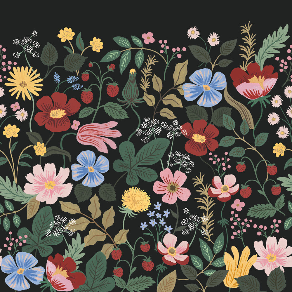 Strawberry Fields Black Peel & Stick Wall Mural by Rifle Paper Co. Rifle Paper Co. 3rd Edition Covers 4 panels - measures 9-ft wide by 10-ft tall when assembled 27-in by 10-ft long roll Peel & Stick 0 - Fabric Carolina -