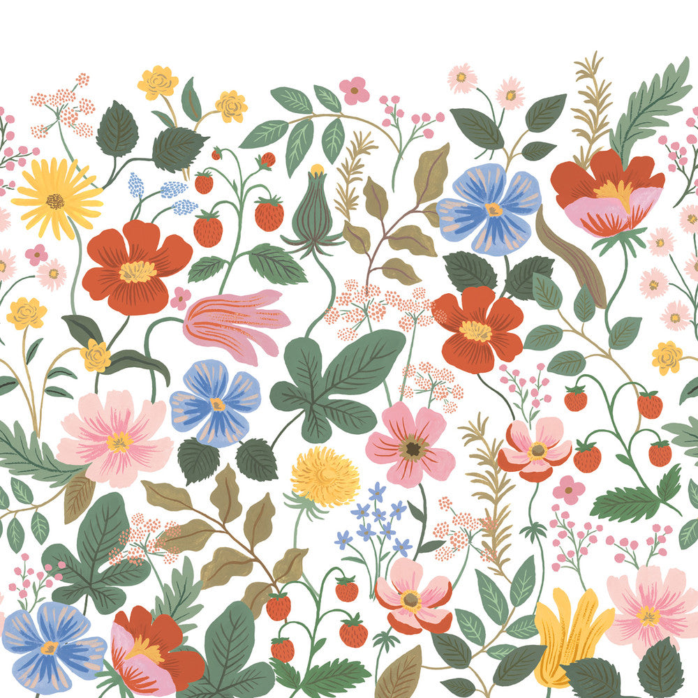 Strawberry Fields White Peel & Stick Wall Mural by Rifle Paper Co. Designer Rifle Paper Co. 3rd Edition Covers 4 panels - measures 9-ft wide by 10-ft tall when assembled 27-in by 10-ft long roll Peel & Stick 0 - Swanky Fabrics -