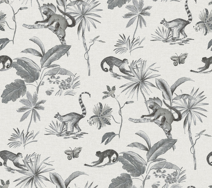 Botanicals & Lemurs Grey Peel & Stick Wallpaper by York Wallcoverings Wildlife Covers about 45 square feet 27-in by 20-ft long roll Peel & Stick 24 - Fabric Carolina -