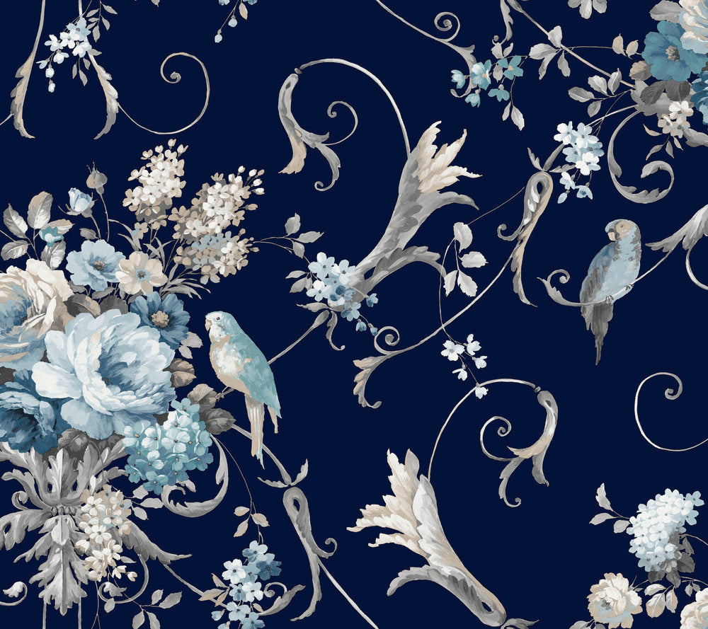 Parrots with Floral Bouquets Navy Peel & Stick Wallpaper by York Wallcoverings Vintage Florals Covers about 45 square feet 27-in by 20-ft long roll Peel & Stick 24 - Fabric Carolina -