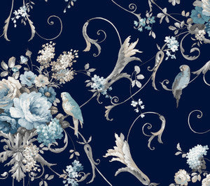 Parrots with Floral Bouquets Navy Peel & Stick Wallpaper by York Wallcoverings