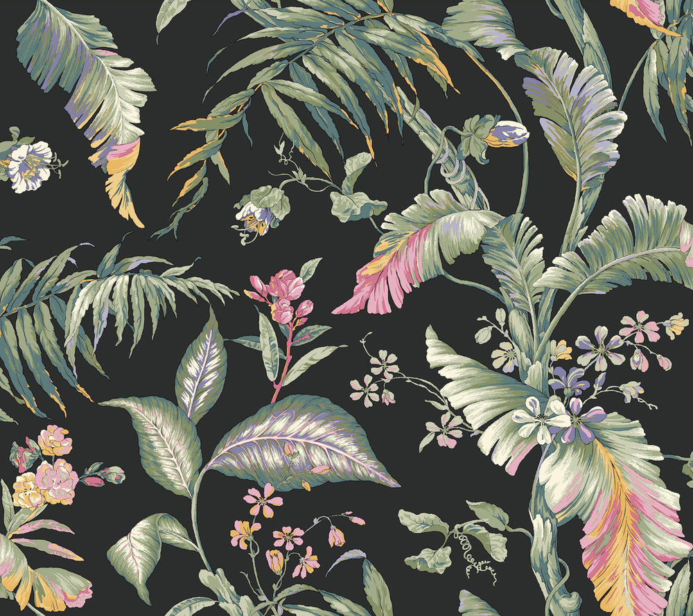 Fiji Garden Black Peel & Stick Wallpaper by York Wallcoverings Vintage Florals Covers about 45 square feet 27-in by 20-ft long roll Peel & Stick 24 - Fabric Carolina -