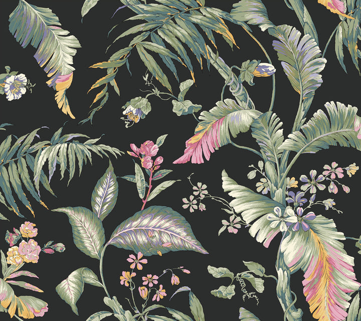 Fiji Garden Black Peel & Stick Wallpaper by York Wallcoverings Vintage Florals Covers about 45 square feet 27-in by 20-ft long roll Peel & Stick 24 - Fabric Carolina -