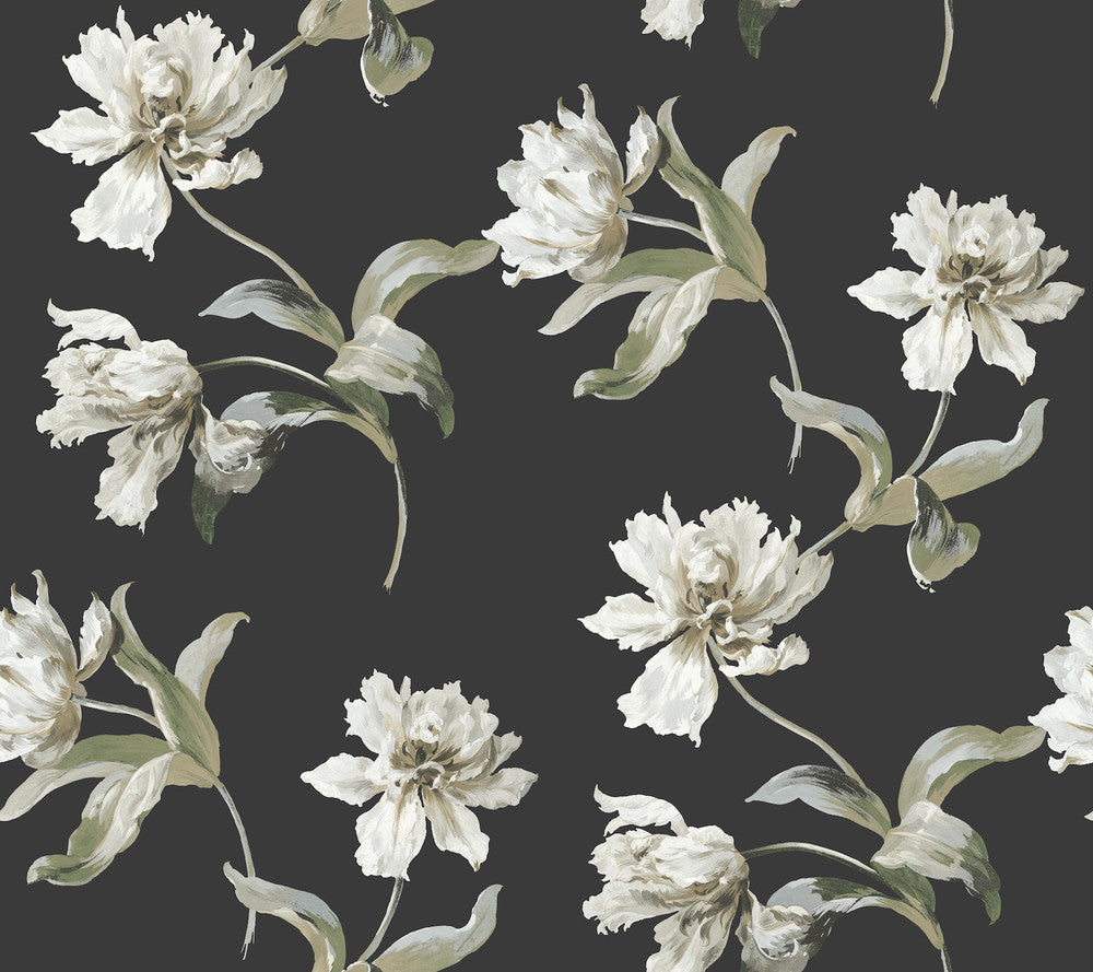Large Parrot Tulip Black Peel & Stick Wallpaper by York Wallcoverings Vintage Florals Covers about 45 square feet Peel & Stick 24-in repeat, straight match 27-in by 20-ft long roll - Fabric Carolina -