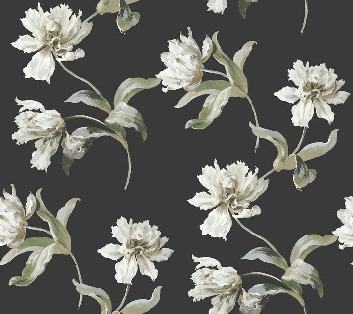 Large Parrot Tulip Black Peel & Stick Wallpaper by York Wallcoverings Vintage Florals Covers about 45 square feet Peel & Stick 24-in repeat, straight match 27-in by 20-ft long roll - Fabric Carolina -