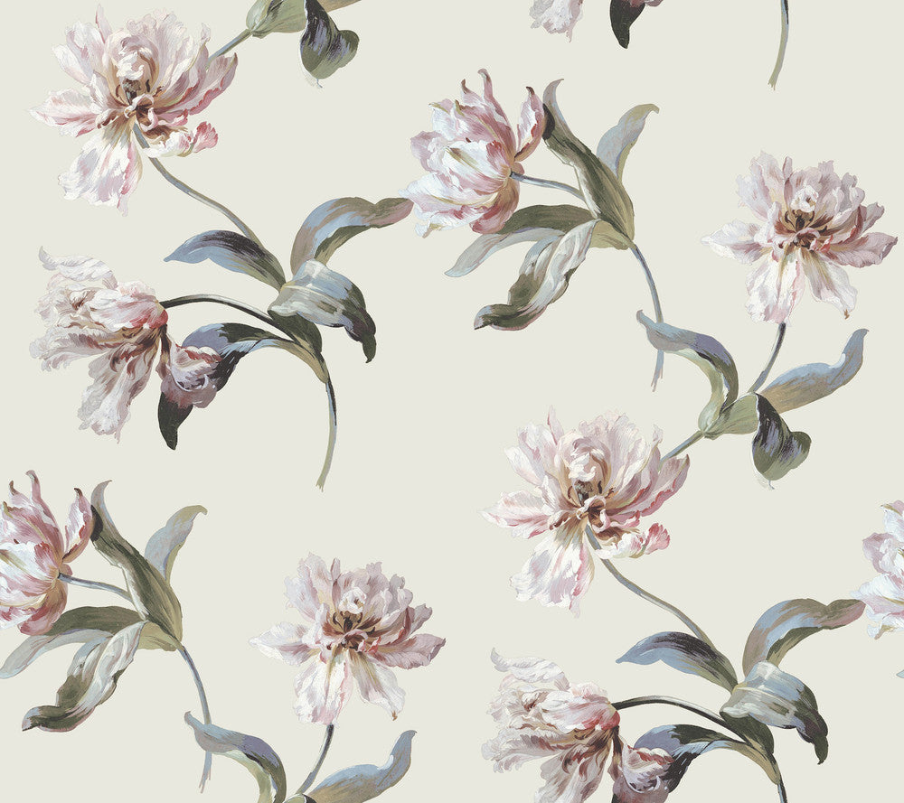 Large Parrot Tulip Neutral Peel & Stick Wallpaper by York Wallcoverings Vintage Florals Covers about 45 square feet Peel & Stick 24-in repeat, straight match 27-in by 20-ft long roll - Fabric Carolina -