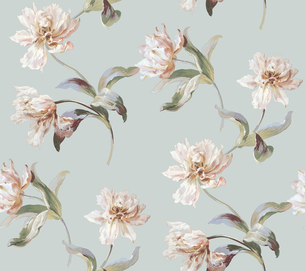 Large Parrot Tulip White Peel & Stick Wallpaper by York Wallcoverings Vintage Florals Covers about 45 square feet Peel & Stick 24-in repeat, straight match 27-in by 20-ft long roll - Fabric Carolina -