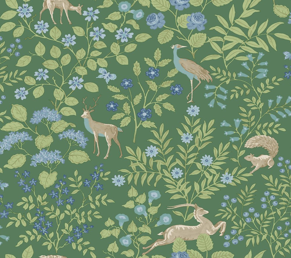 Woodland Floral Meadow Green Peel & Stick Wallpaper by Erin & Ben Erin & Ben Co. Covers about 45 square feet 27-in by 20-ft long roll Peel & Stick 24 - Fabric Carolina -