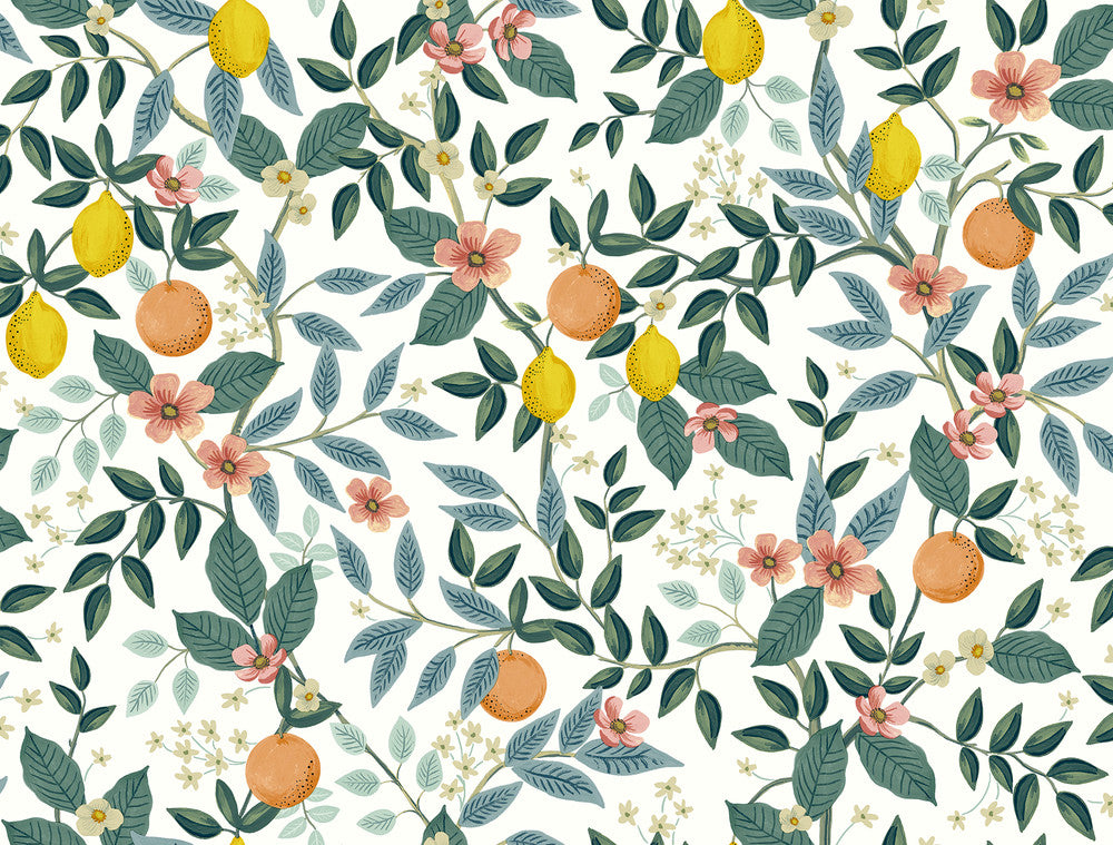 Citrus Grove White Peel & Stick Wallpaper by Rifle Paper Co. P&S Rifle Paper 2 Covers about 45 square feet 27-in by 20-ft long roll Peel & Stick 20.5 - Fabric Carolina -