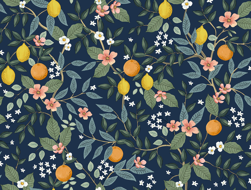 Citrus Grove Navy Peel & Stick Wallpaper by Rifle Paper Co. P&S Rifle Paper 2 Covers about 45 square feet 27-in by 20-ft long roll Peel & Stick 20.5 - Fabric Carolina -