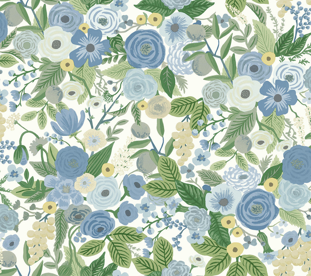 Garden Party Blue & Green Multi Peel & Stick Wallpaper by Rifle Paper Co. P&S Rifle Paper 2 Covers about 45 square feet 27-in by 20-ft long roll Peel & Stick 24 - Fabric Carolina -