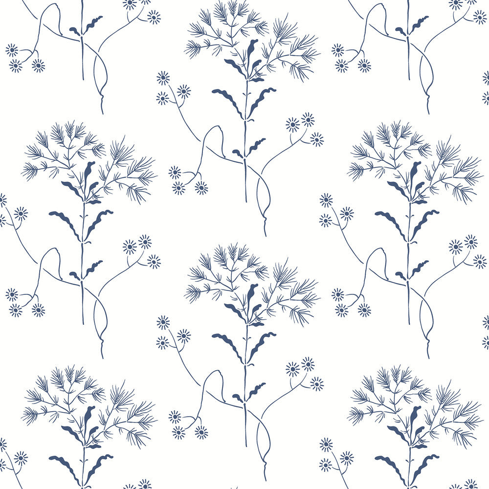 Wildflower Navy Wallpaper by Magnolia Home Magnolia Home Covers about 34.2 square feet 20.5-in by 20-ft long roll Peel & Stick 10.25 - Fabric Carolina -