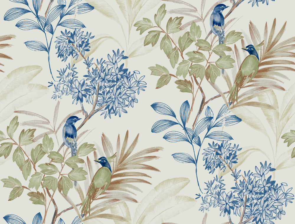 Handpainted Songbird Green & Blue Peel & Stick Wallpaper by York Wallcoverings Watercolor Botanicals Covers about 45 square feet 27-in by 20-ft long roll Peel & Stick 20.5 - Fabric Carolina -