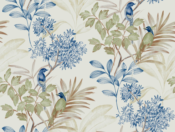 Handpainted Songbird Green & Blue Peel & Stick Wallpaper by York Wallcoverings Watercolor Botanicals Covers about 45 square feet 27-in by 20-ft long roll Peel & Stick 20.5 - Fabric Carolina -