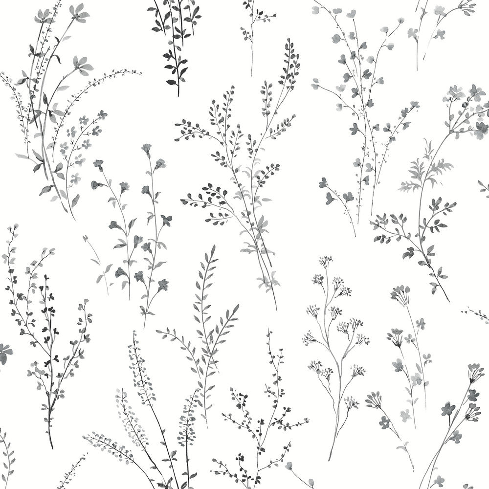 Wildflower Sprigs Black & White Peel & Stick Wallpaper by York Wallcoverings Watercolor Botanicals Covers about 34.2 square feet 20.5-in by 20-ft long roll Peel & Stick 20.5 - Fabric Carolina -