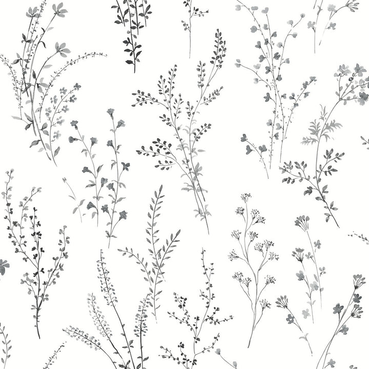 Wildflower Sprigs Black & White Peel & Stick Wallpaper by York Wallcoverings Watercolor Botanicals Covers about 34.2 square feet 20.5-in by 20-ft long roll Peel & Stick 20.5 - Fabric Carolina -