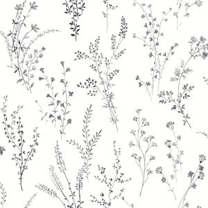 Wildflower Sprigs Black & White Peel & Stick Wallpaper by York Wallcoverings