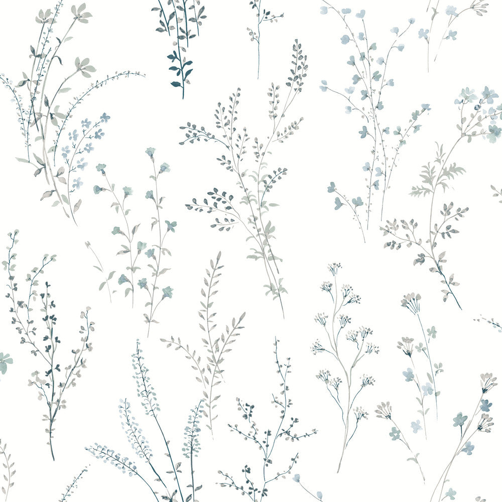 Wildflower Sprigs Blue & Green Peel & Stick Wallpaper by York Wallcoverings Watercolor Botanicals Covers about 34.2 square feet 20.5-in by 20-ft long roll Peel & Stick 20.5 - Fabric Carolina -