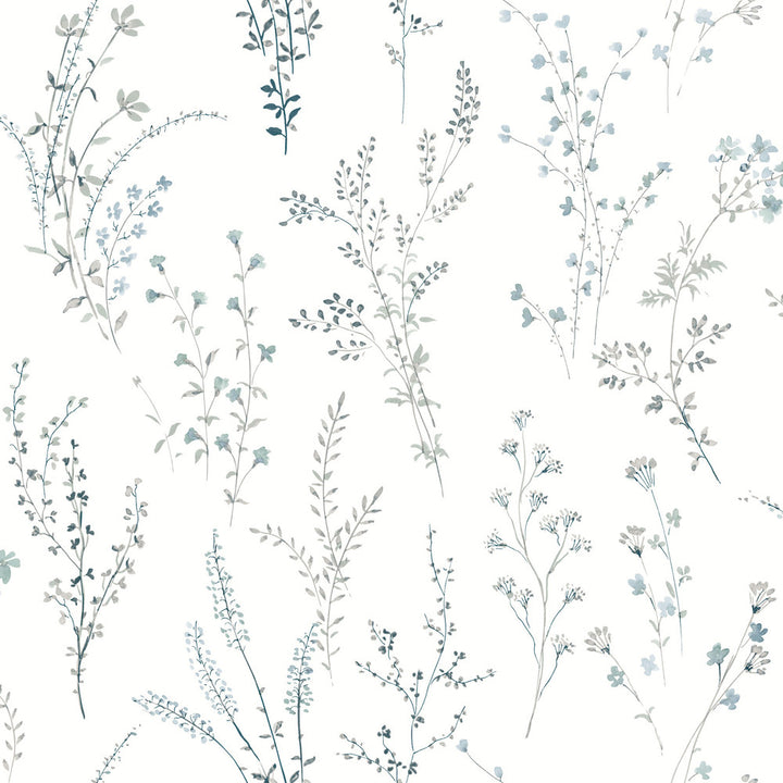 Wildflower Sprigs Blue & Green Peel & Stick Wallpaper by York Wallcoverings Watercolor Botanicals Covers about 34.2 square feet 20.5-in by 20-ft long roll Peel & Stick 20.5 - Fabric Carolina -