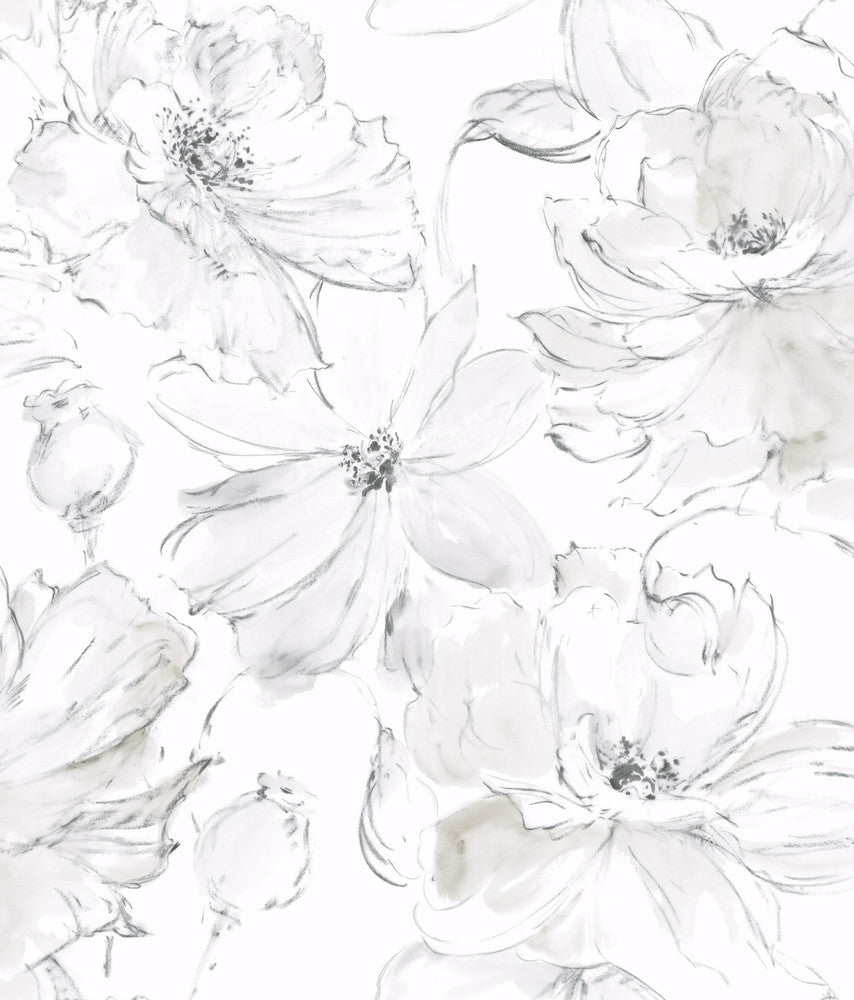 Floral Dreams Grey Peel & Stick Wallpaper by York Wallcoverings Watercolor Botanicals Covers about 34.2 square feet 20.5-in by 20-ft long roll Peel & Stick 20.5 - Fabric Carolina -