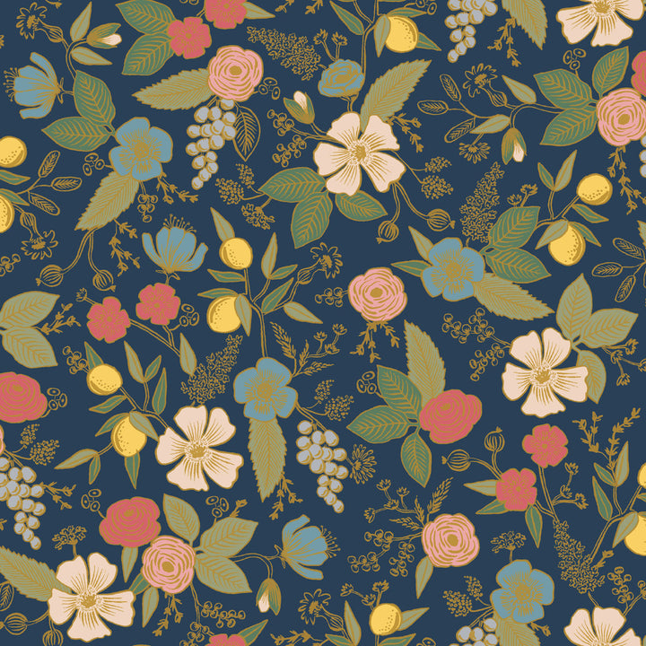 Colette Navy Peel & Stick Wallpaper by Rifle Paper Co. P&S Rifle Paper 3 Covers about 34.2 square feet 20.5-in by 20-ft long roll Peel & Stick 20.5 - Fabric Carolina -